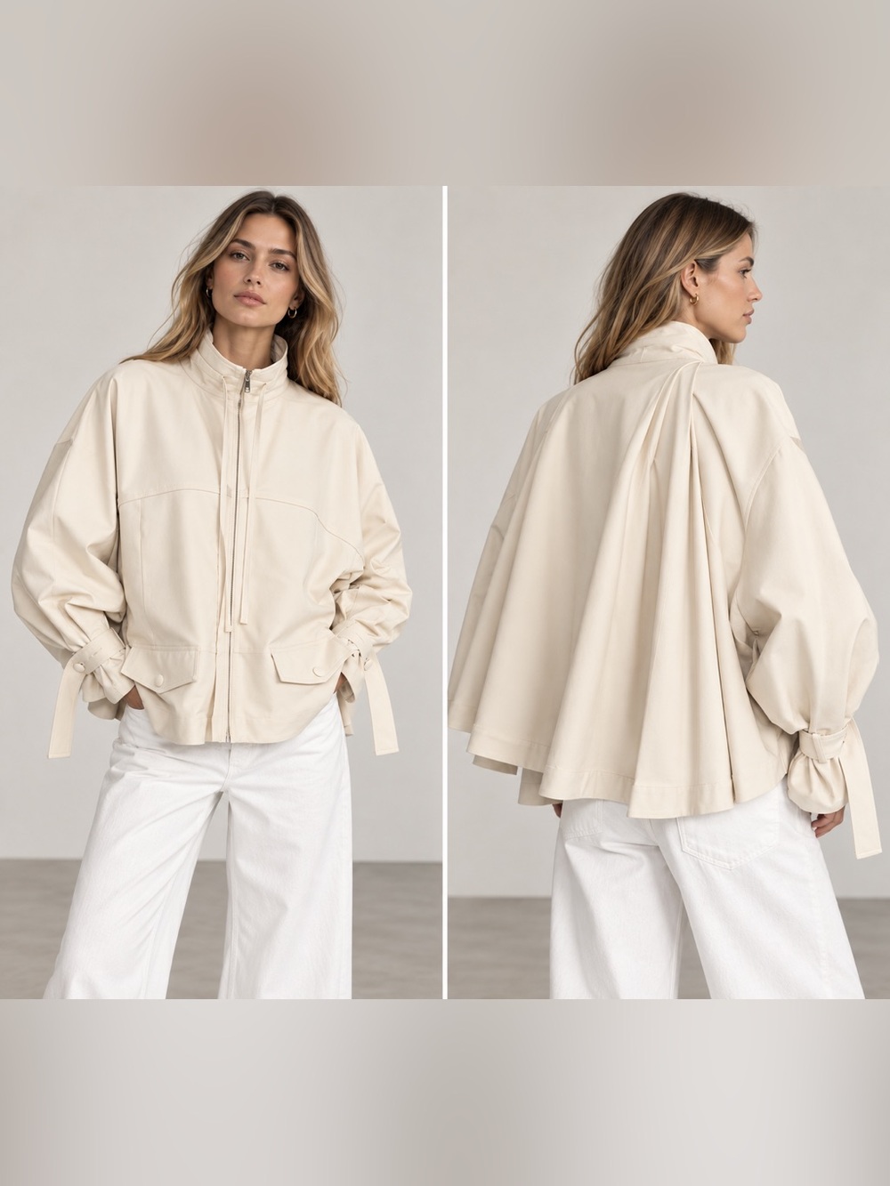 ZARA FLUID HIGH NECK JACKET Women's Cream Zip-Front Jacket